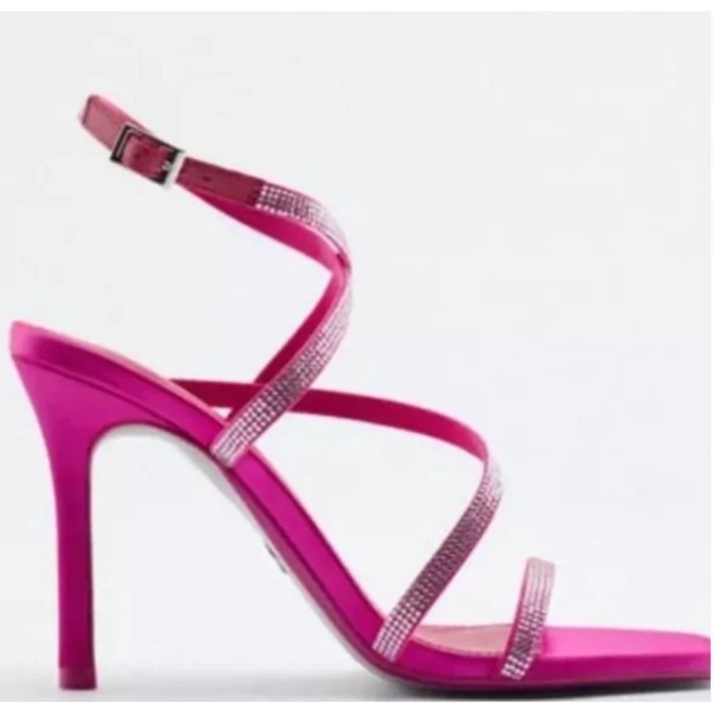 ZARA Pink Satin Rhinestone‎ Strappy Square Toe Stiletto Heeled Sandals Size 41